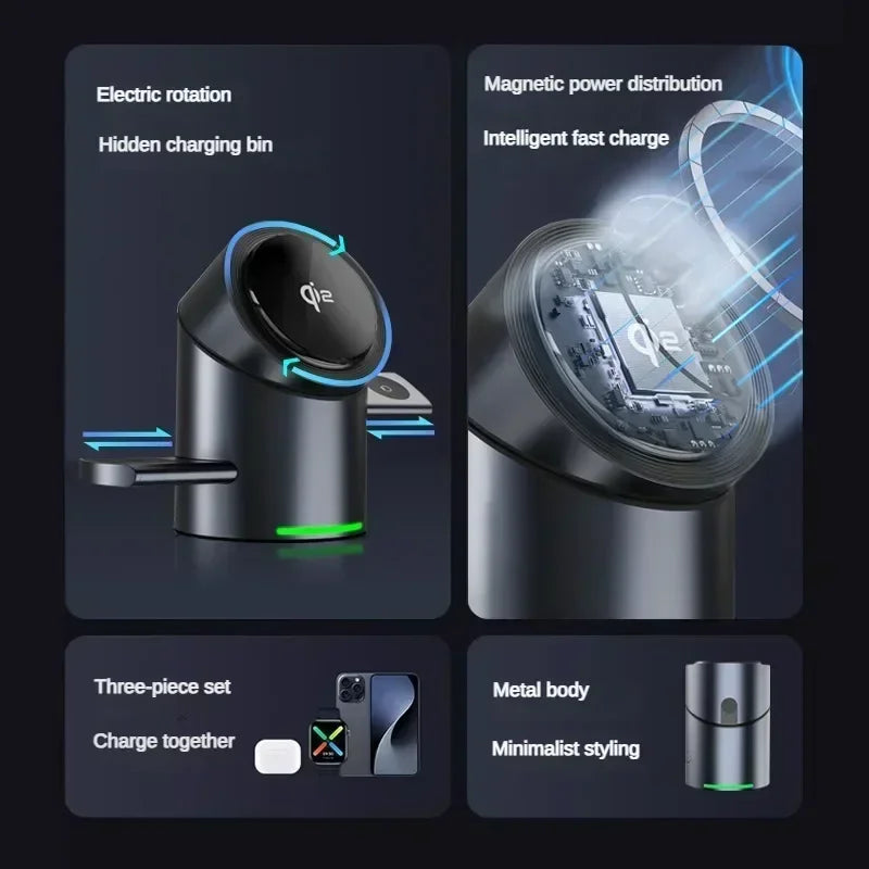 3 in 1 Magsafe Magnetic Touch Button Wireless Charger for Android + IOS Fast Charging Dock Station