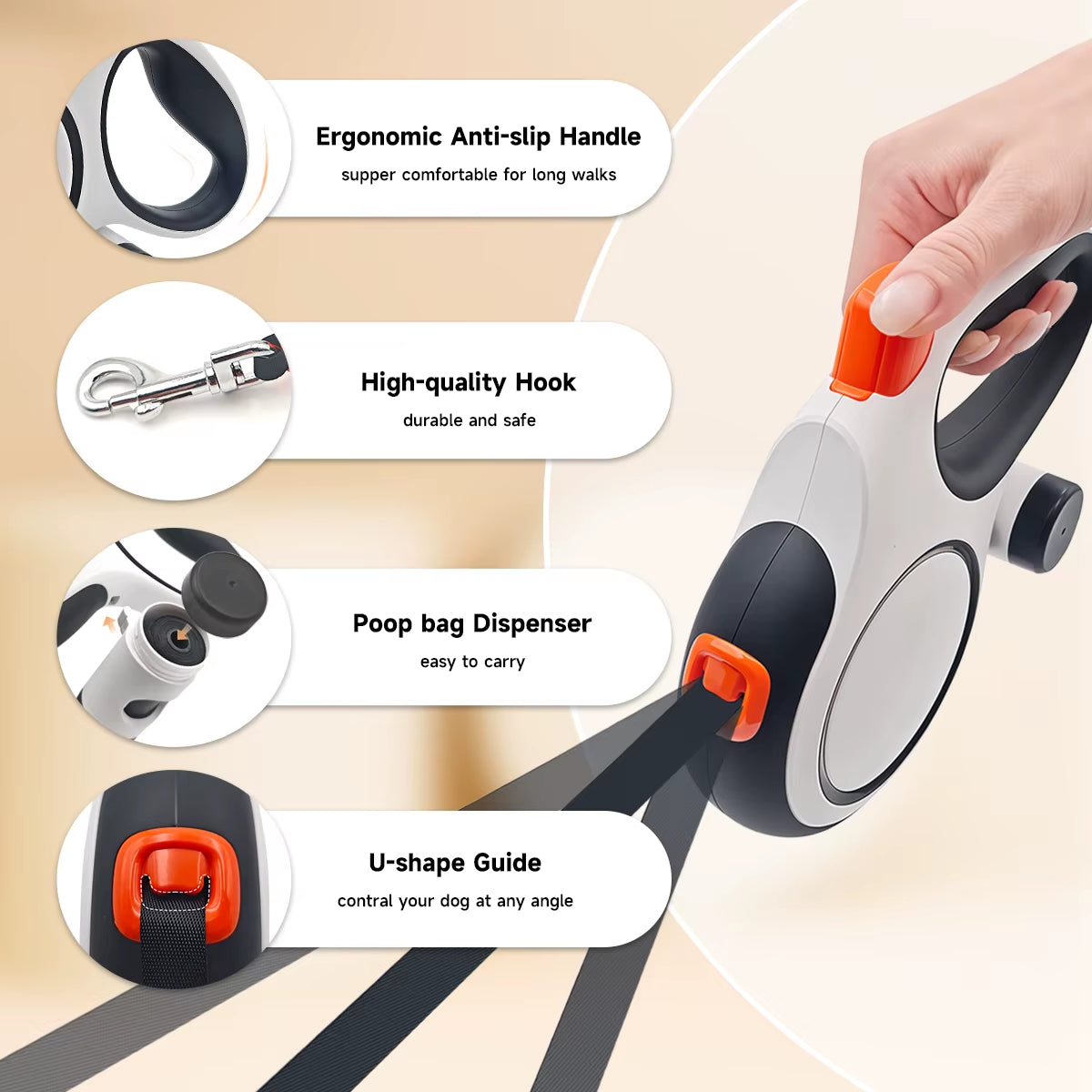 26-Foot Retractable Dog Leash, with a Portable Garbage Bag Holder Attached