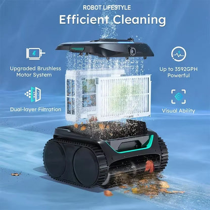 Wireless Robot Swimming Pool Cleaner with AI Vision and Self-Learning Technology, 80° Dual-Layer Filtration, 180 Minutes Runtime, Suitable for Areas up to 200㎡